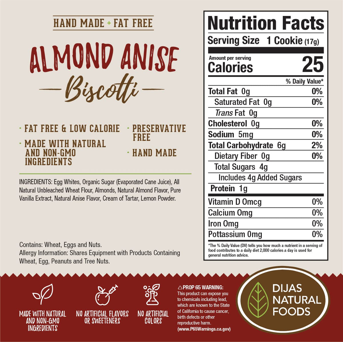 DIJAS Almond Anise Biscotti - Fat Free, Preservative-Free, Low-Calorie Snack (12 oz)