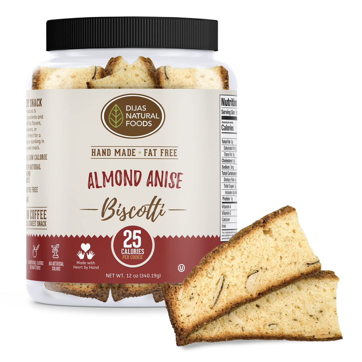 DIJAS Almond Anise Biscotti - Fat Free, Preservative-Free, Low-Calorie Snack (12 oz)