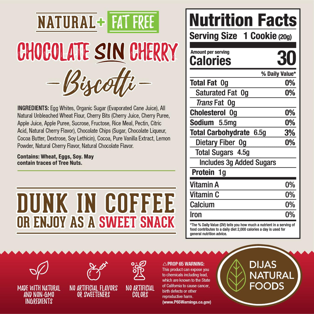 DIJAS Natural Foods Fat Free Biscotti Cookie – Individually Wrapped, Preservative-Free, Low Calorie Snack (Chocolate Cherry)