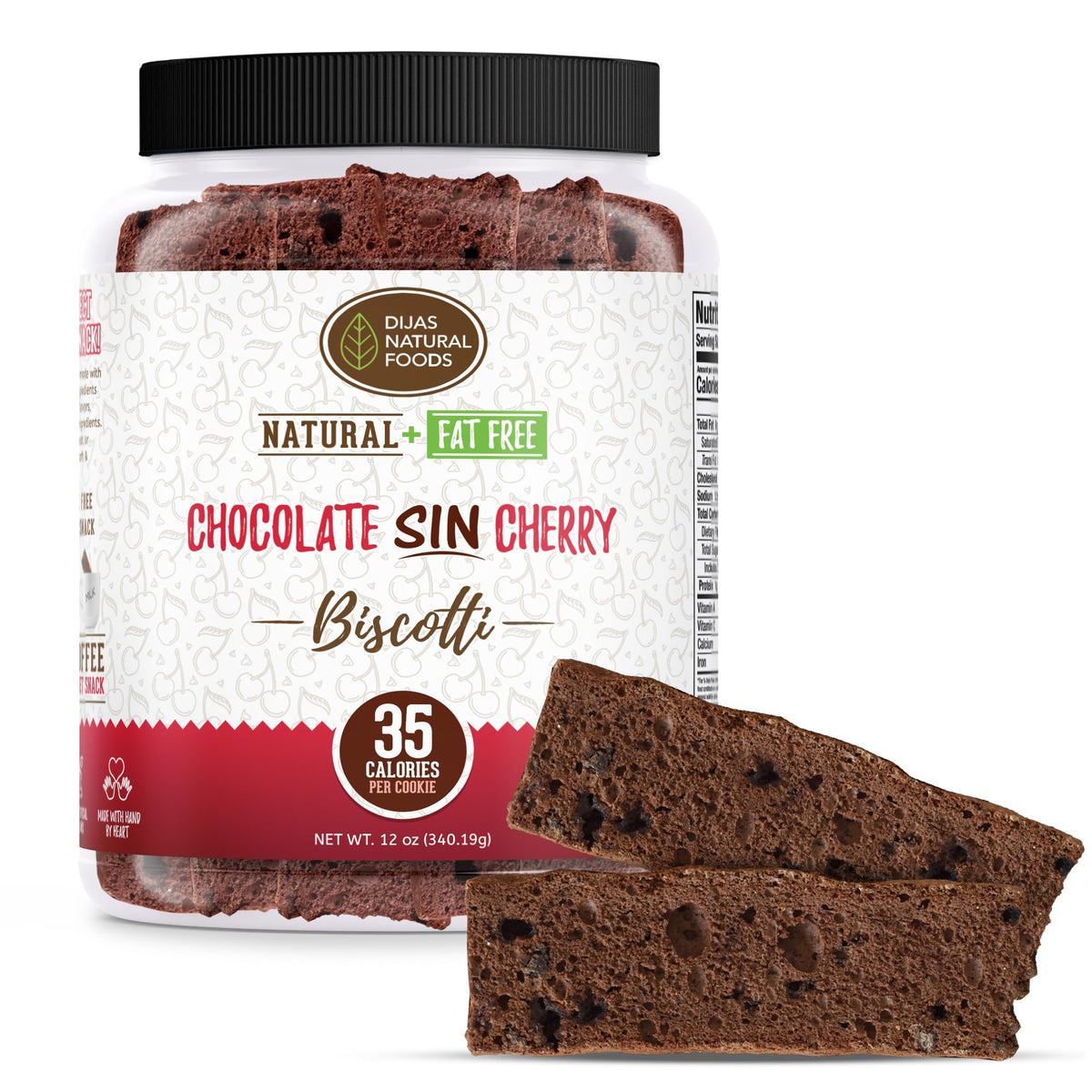 DIJAS Natural Foods Fat Free Biscotti Cookie – Individually Wrapped, Preservative-Free, Low Calorie Snack (Chocolate Cherry)
