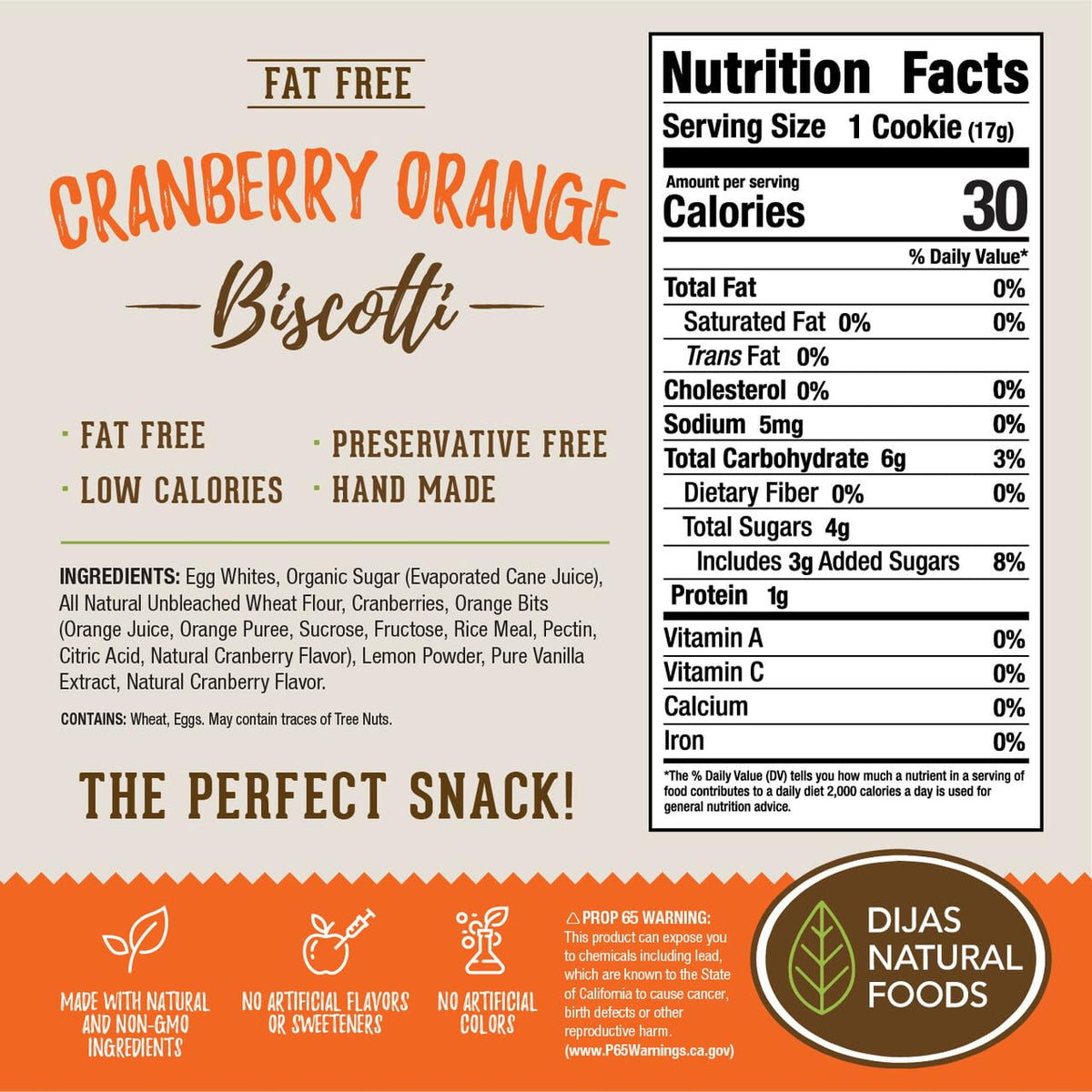 Dijas Natural Food Cranberry Orange Biscotti – Preservative-Free, 35 Calorie Snack