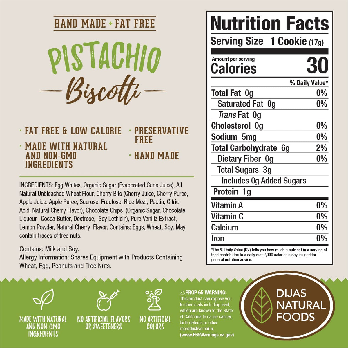 DIJAS Natural Foods Pistachio Fat-Free Biscotti Cookies – Preservative-Free, Low-Calorie Snack (12 oz)
