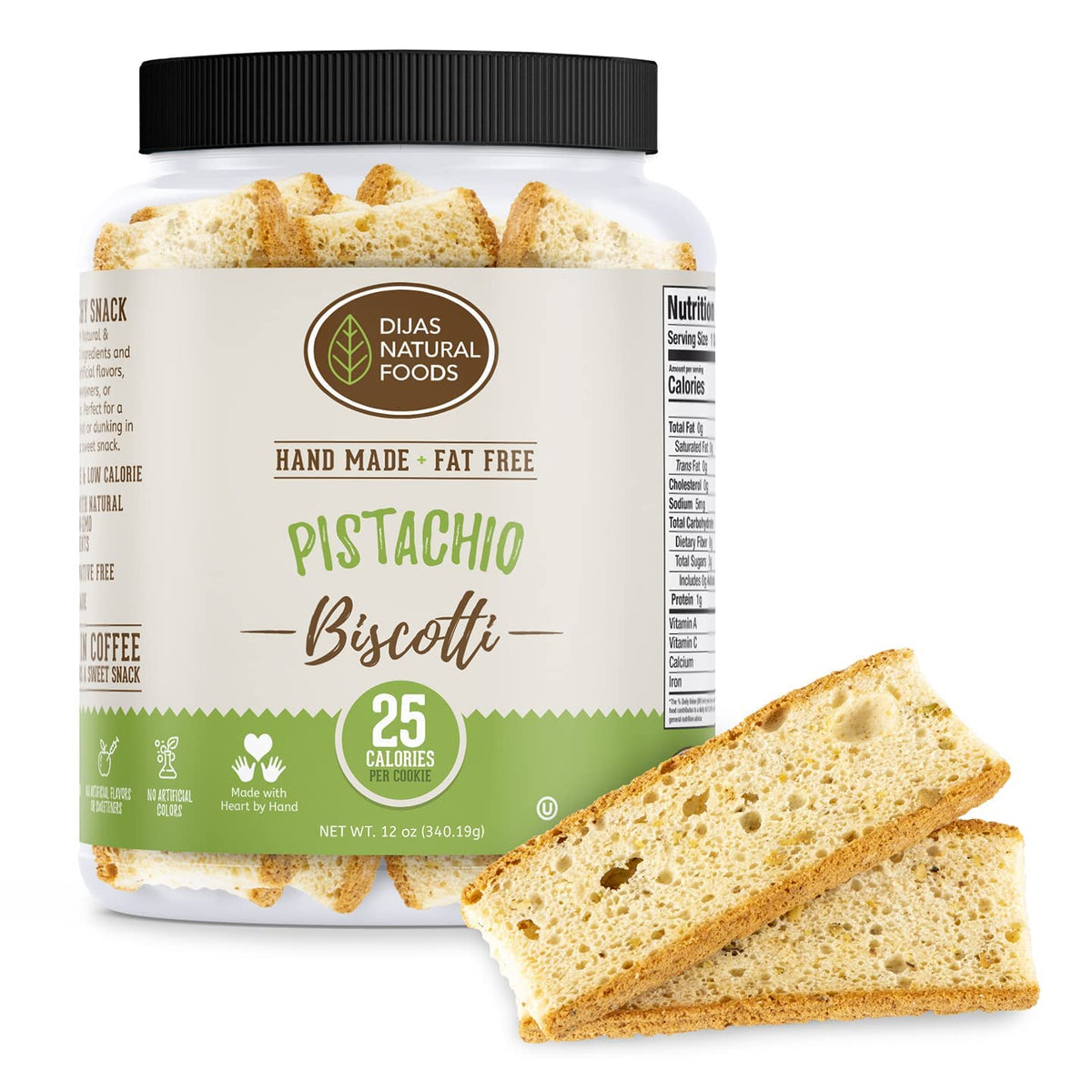 DIJAS Natural Foods Pistachio Fat-Free Biscotti Cookies – Preservative-Free, Low-Calorie Snack (12 oz)
