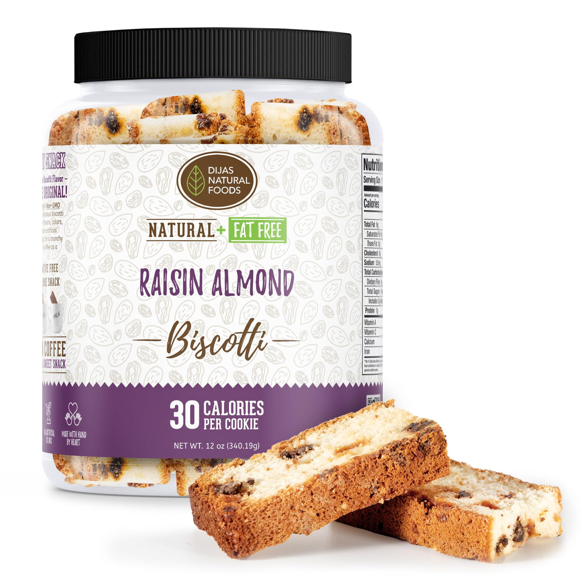 Dijas Natural Foods Fat Free Biscotti – Raisin Almond, Individually Wrapped