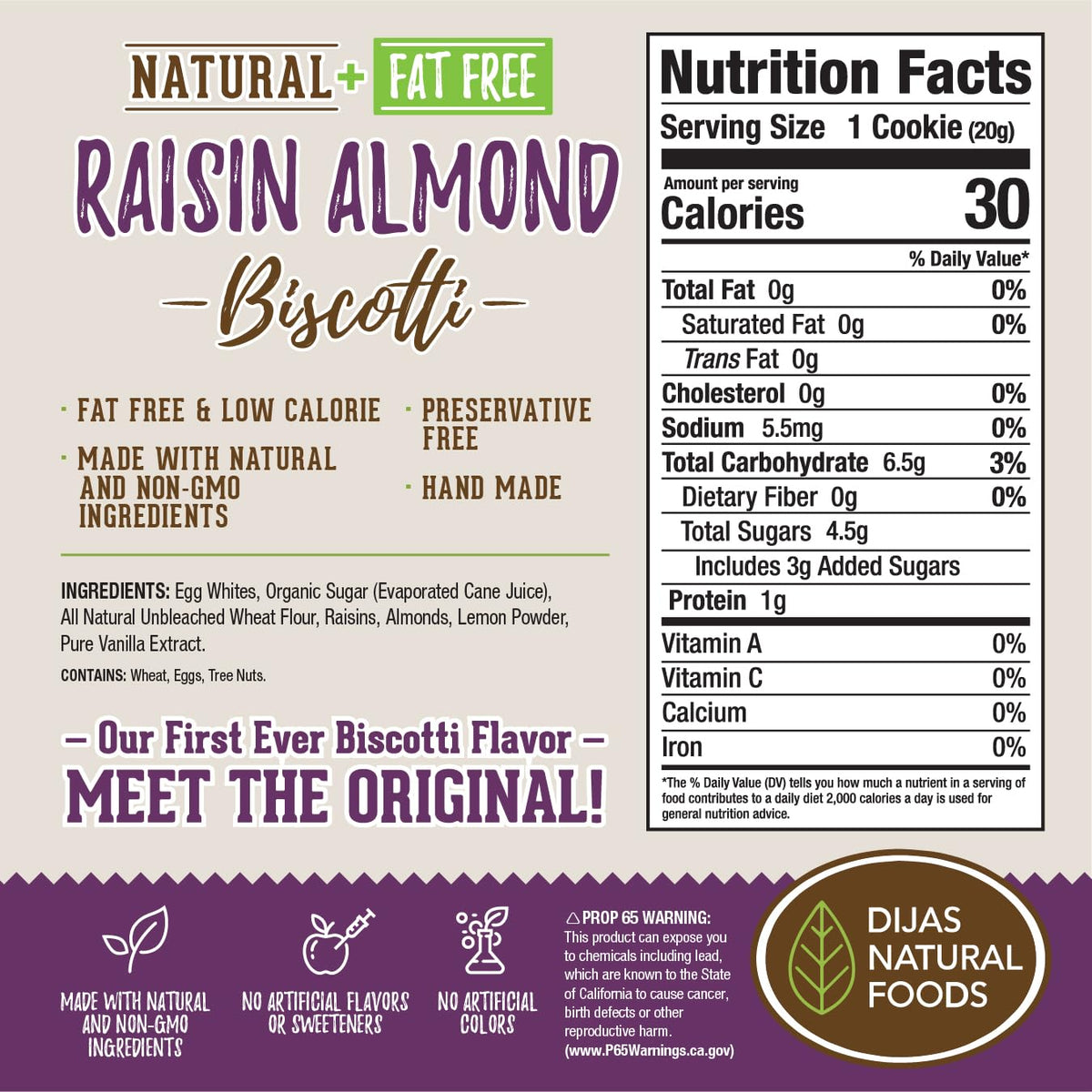 Dijas Natural Foods Fat Free Biscotti – Raisin Almond, Individually Wrapped