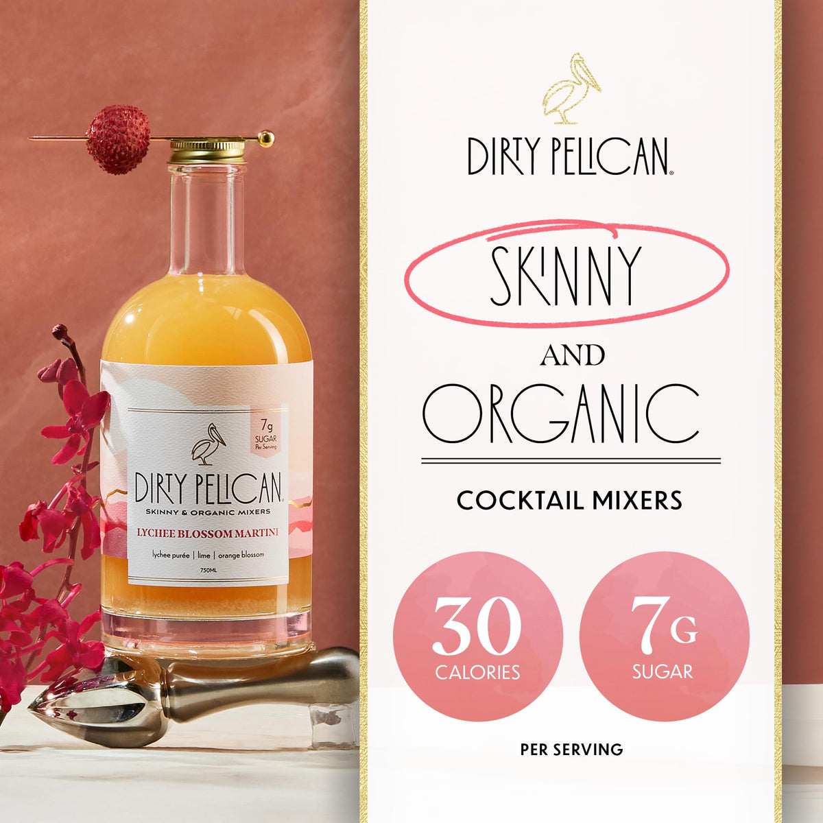 Dirty Pelican Lychee Blossom Martini Mixer – Organic, Skinny, Low-Calorie Cocktail Mixer 750ml
