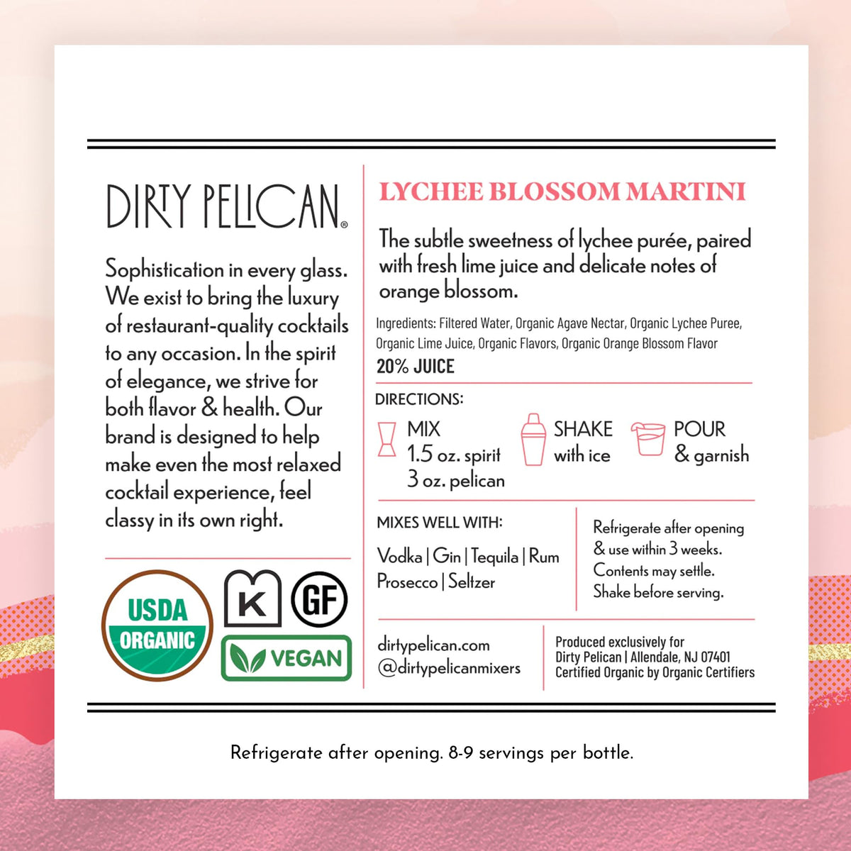 Dirty Pelican Lychee Blossom Martini Mixer – Organic, Skinny, Low-Calorie Cocktail Mixer 750ml