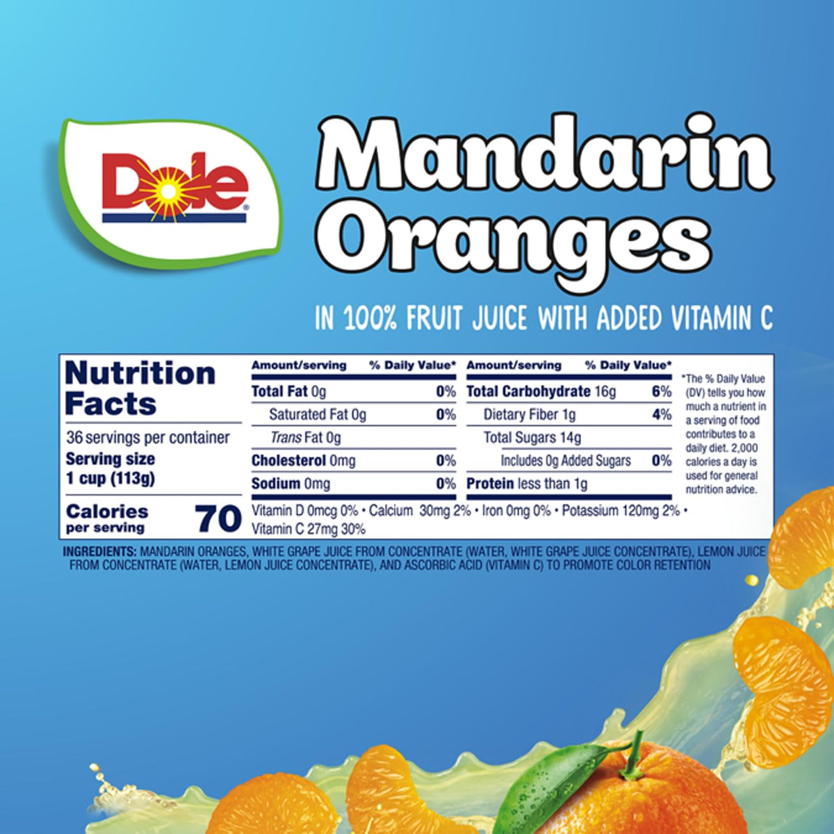 Dole Mandarin Oranges in 100% Juice — Fruit Bowls Snacks, 4oz, 36 Cups, Gluten & Dairy Free