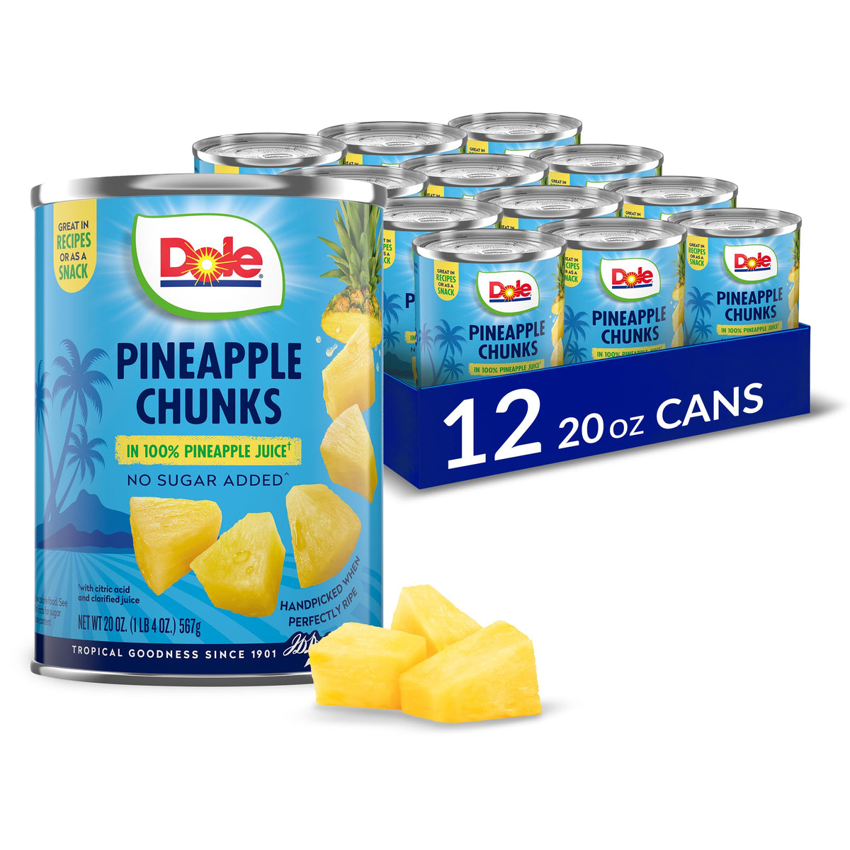 Dole Pineapple Chunks in 100% Pineapple Juice – No Sugar Added, 20 oz Cans, 12-Pack