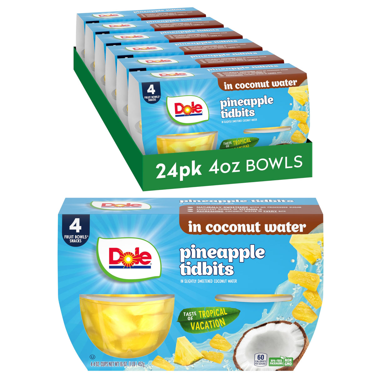 Dole Pineapple Tidbits in Coconut Water — 4 oz Fruit Bowls (24 Pack)