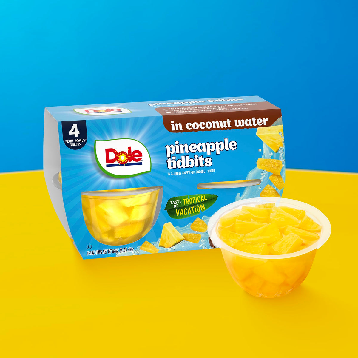 Dole Pineapple Tidbits in Coconut Water — 4 oz Fruit Bowls (24 Pack)
