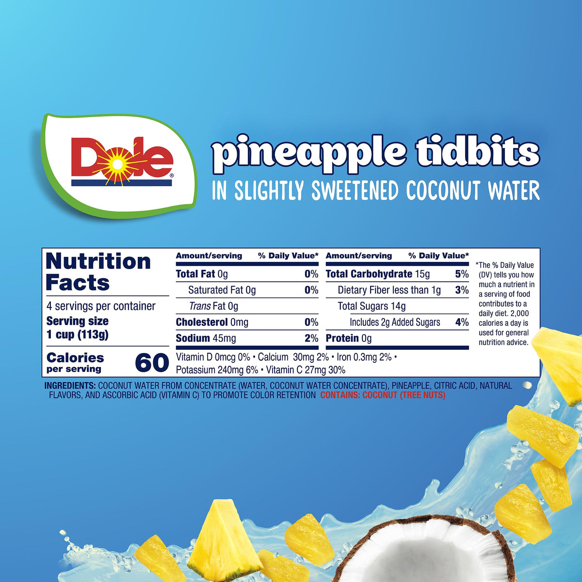 Dole Pineapple Tidbits in Coconut Water — 4 oz Fruit Bowls (24 Pack)