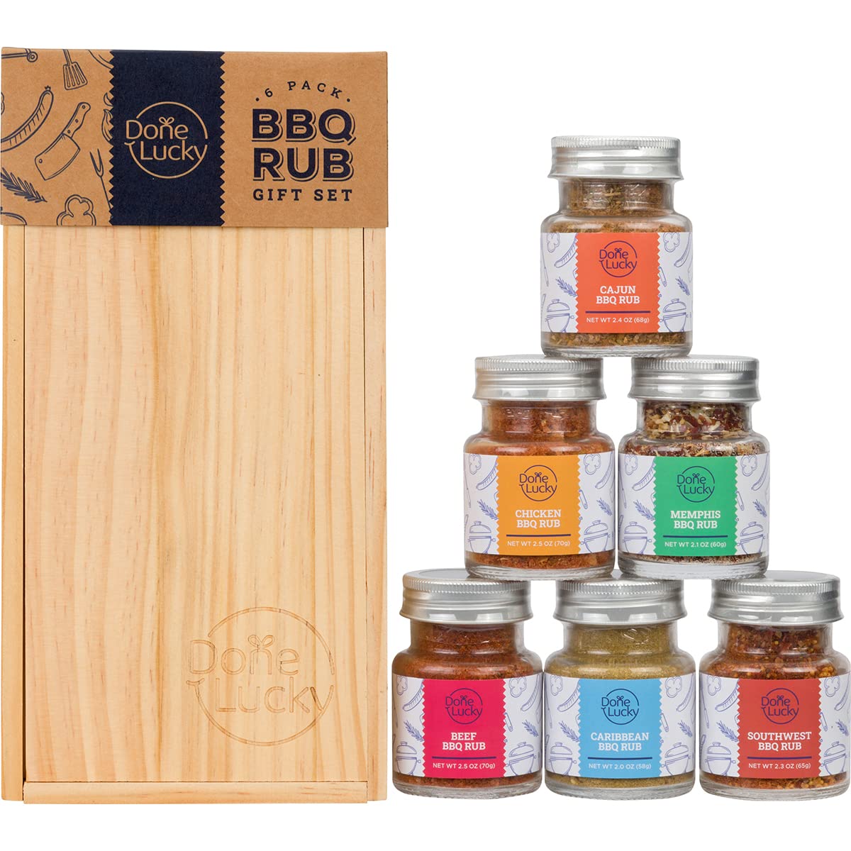 Done Lucky BBQ Rub Gift Set – 6 Premium Rubs in a Premium Wooden Box