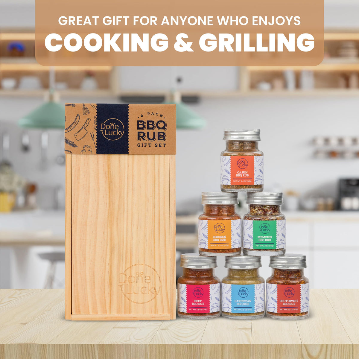 Done Lucky BBQ Rub Gift Set – 6 Premium Rubs in a Premium Wooden Box