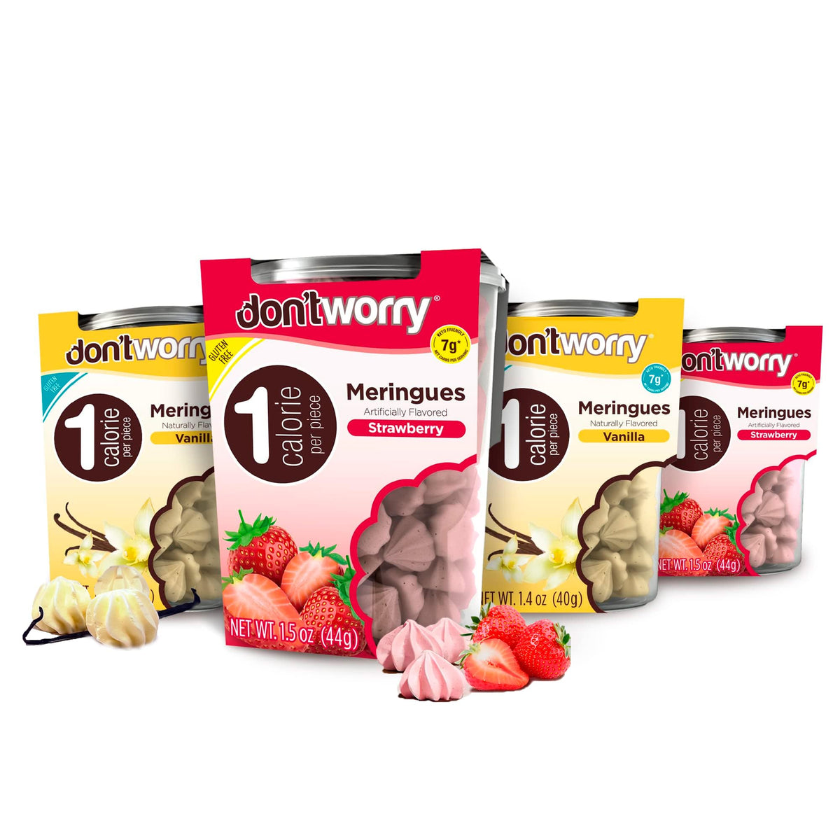 Don't Worry Meringue Cookies – Strawberry & Vanilla, 1 Calorie per Piece, Keto & Gluten Free | 4 Pack