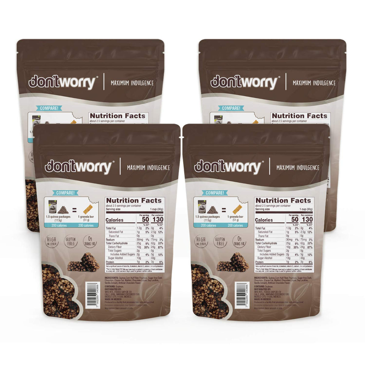 Don't Worry Quinoa Organic Bites Chocolate – Sugar Free, Keto & Gluten Free | 4 Pack