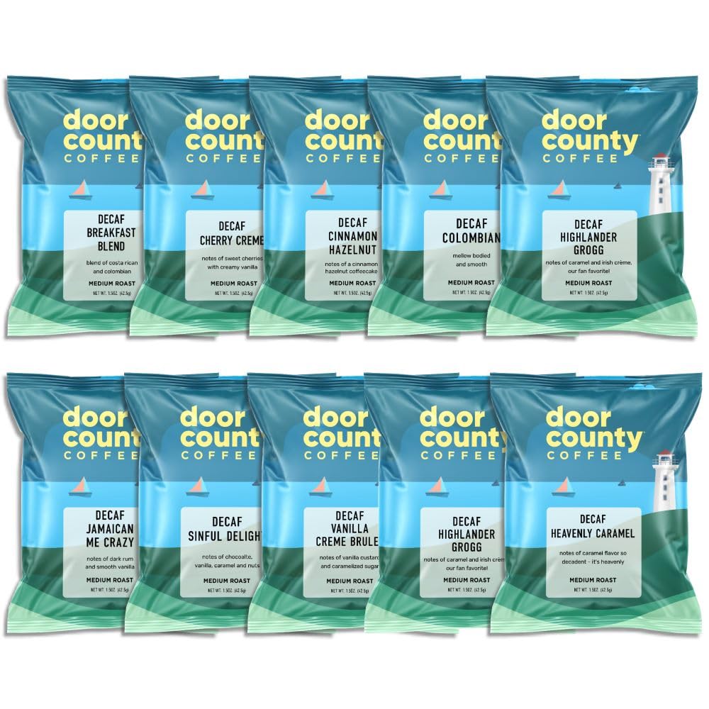 Door County Coffee Decaf Flavored Sampler Pack – 10 Full-Pot Bags, 100% Arabica
