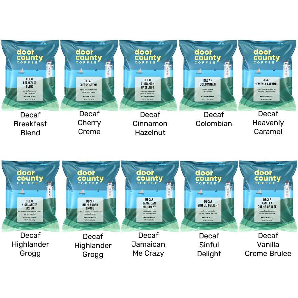 Door County Coffee Decaf Flavored Sampler Pack – 10 Full-Pot Bags, 100% Arabica