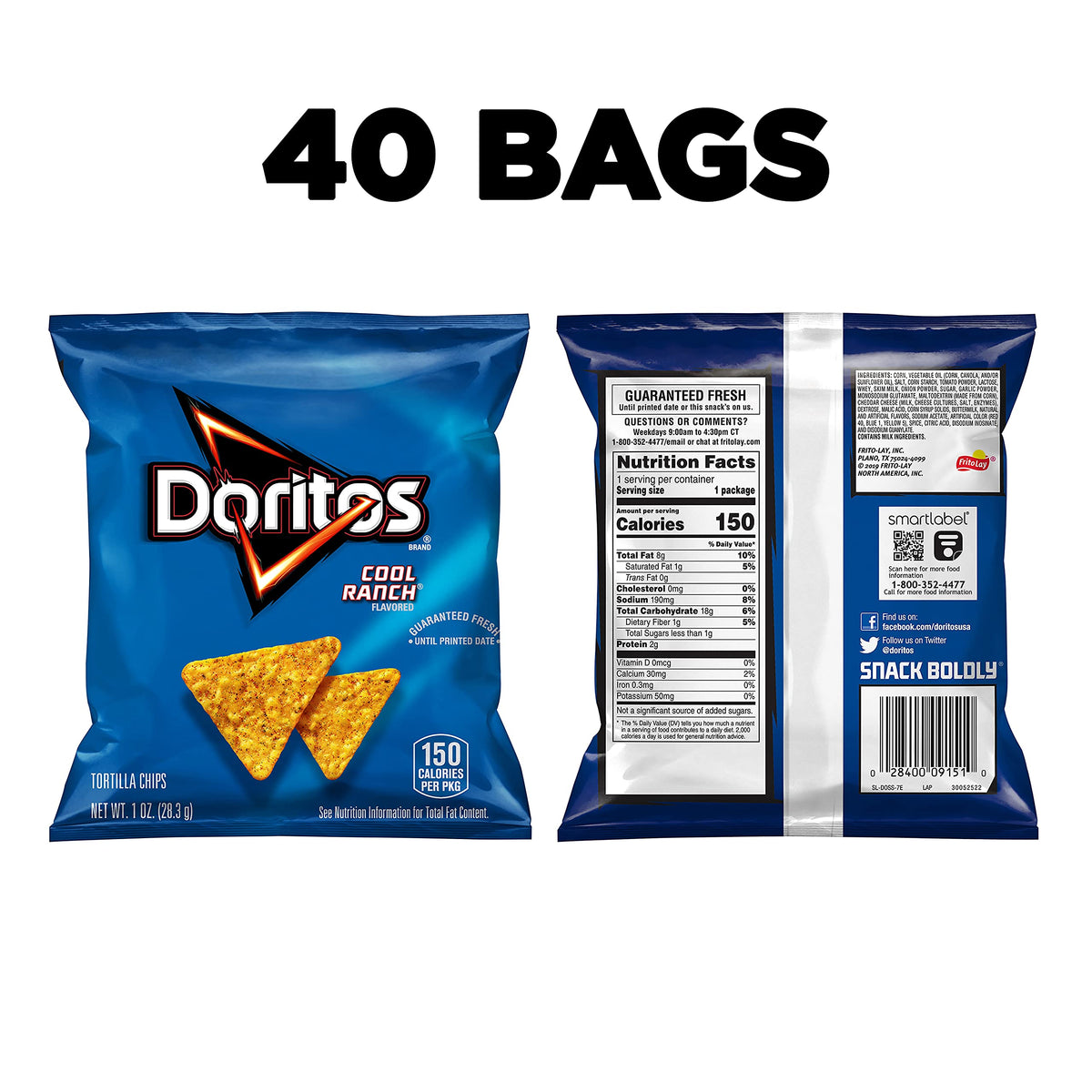 Doritos Cool Ranch Flavored Tortilla Chips — 40 Pack, 1 Oz Bags
