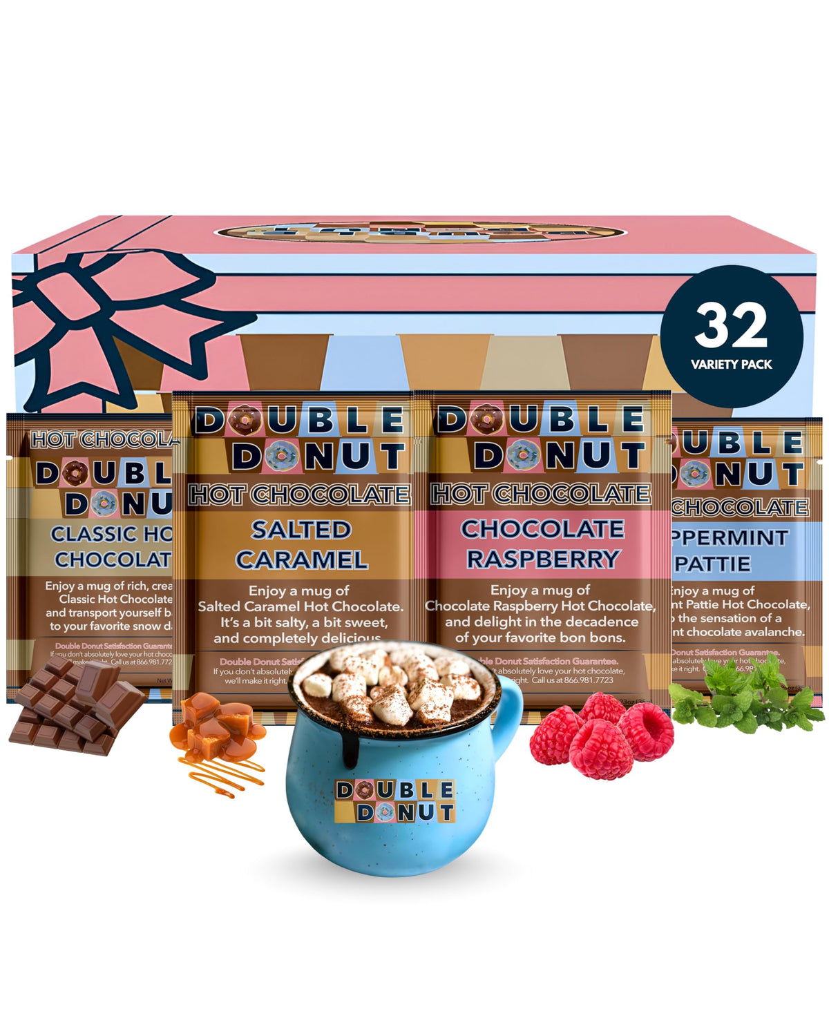 Double Donut Gourmet Hot Cocoa Variety Pack – 32 Count (Classic, Chocolate Raspberry, Salted Caramel, Peppermint)