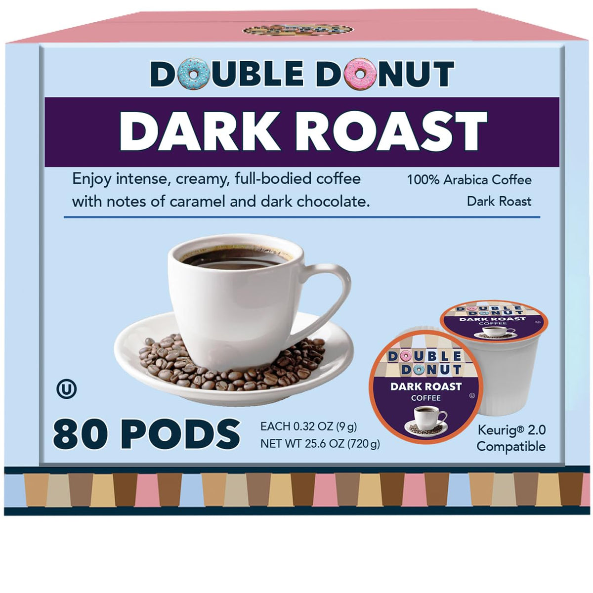 Double Donut Coffee Dark Roast Pods – Extra Bold Keurig K-Cups, 80 Count