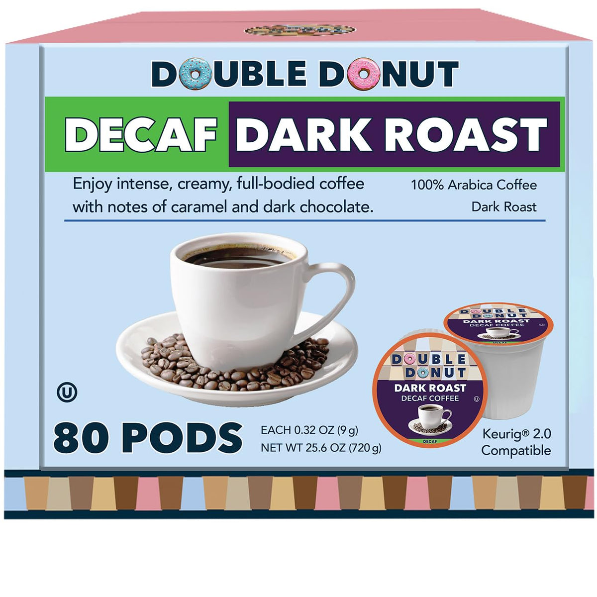 Double Donut Coffee Decaf Dark Roast Pods — Extra Bold, Keurig-Compatible, 80 Count