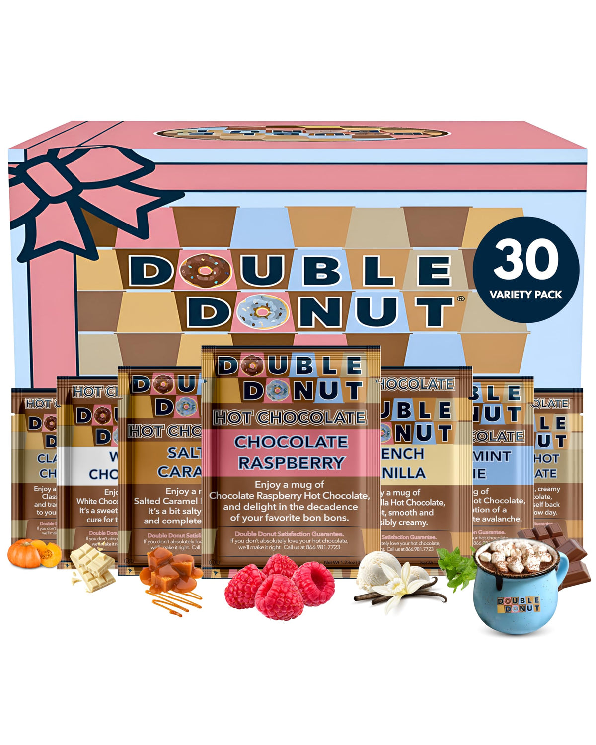 Double Donut Coffee Flavored Hot Cocoa Packets – Gourmet 30-Count Variety Pack