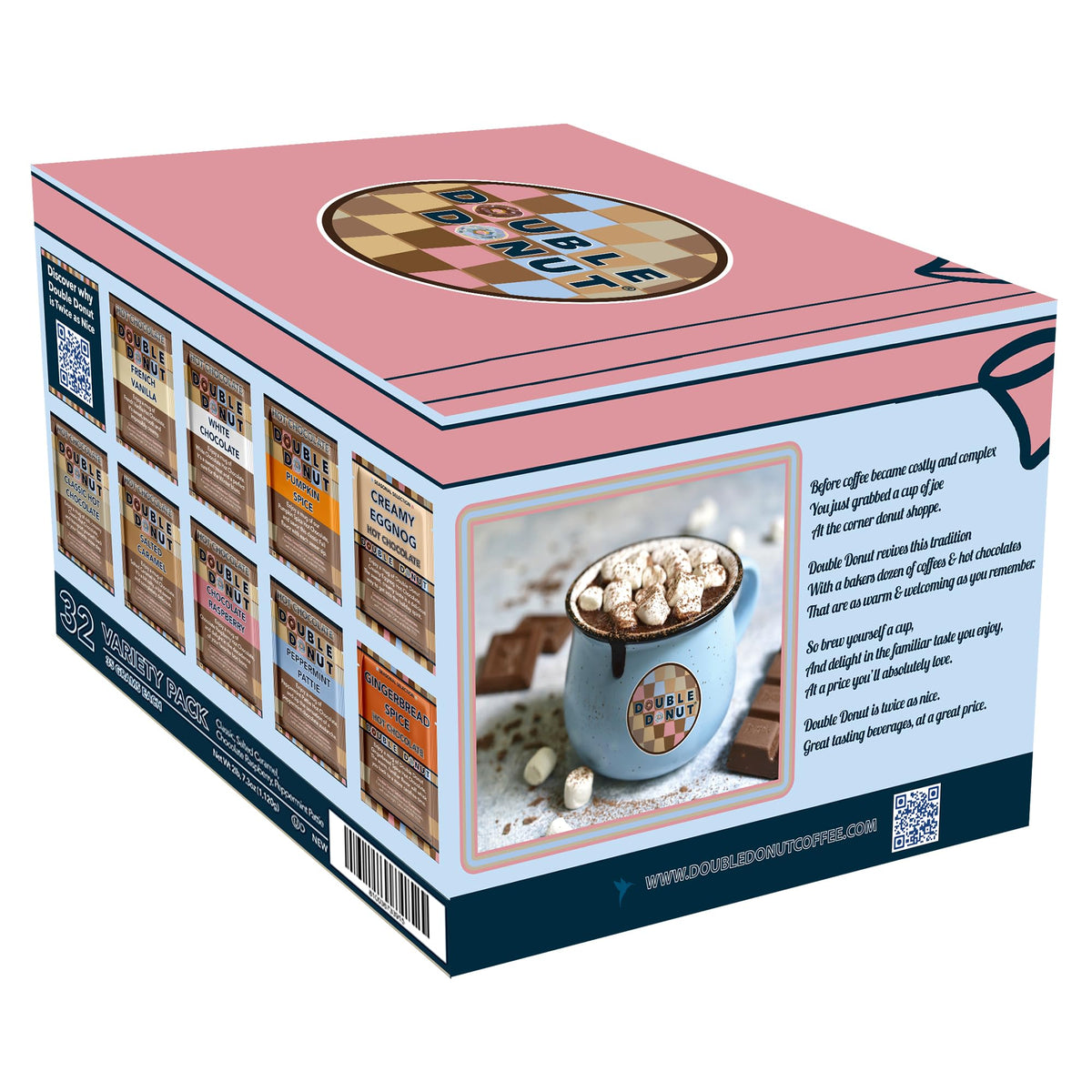 Double Donut Gourmet Hot Cocoa Variety Pack – 32 Count (Classic, Chocolate Raspberry, Salted Caramel, Peppermint)