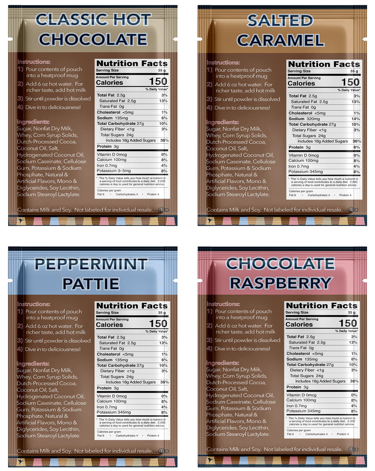 Double Donut Gourmet Hot Cocoa Variety Pack – 32 Count (Classic, Chocolate Raspberry, Salted Caramel, Peppermint)