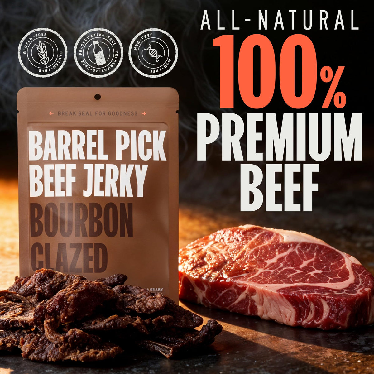 Double Neat Barrel Pick Bourbon Glazed Beef Jerky – Gluten Free Gourmet Gift Set (3 x 2 oz)