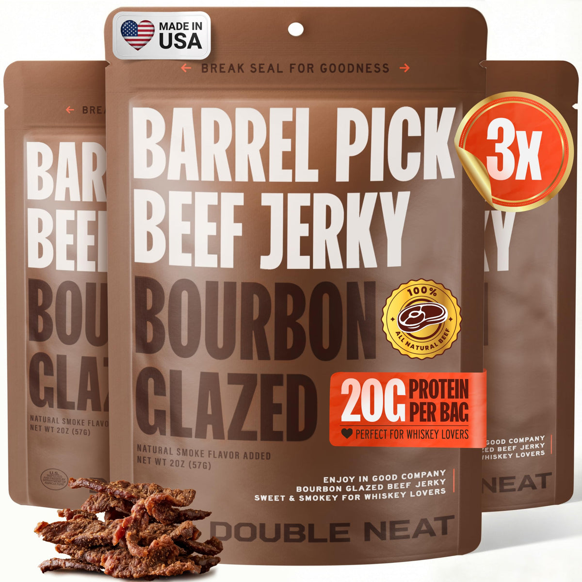 Double Neat Barrel Pick Bourbon Glazed Beef Jerky – Gluten Free Gourmet Gift Set (3 x 2 oz)