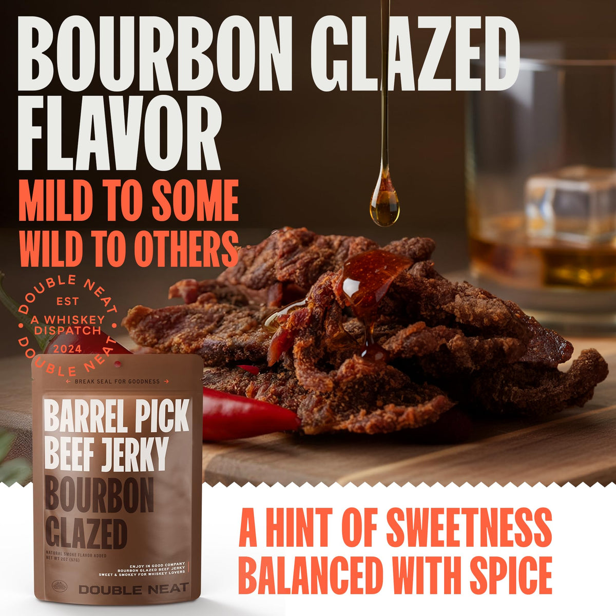 Double Neat Barrel Pick Bourbon Glazed Beef Jerky – Gluten Free Gourmet Gift Set (3 x 2 oz)
