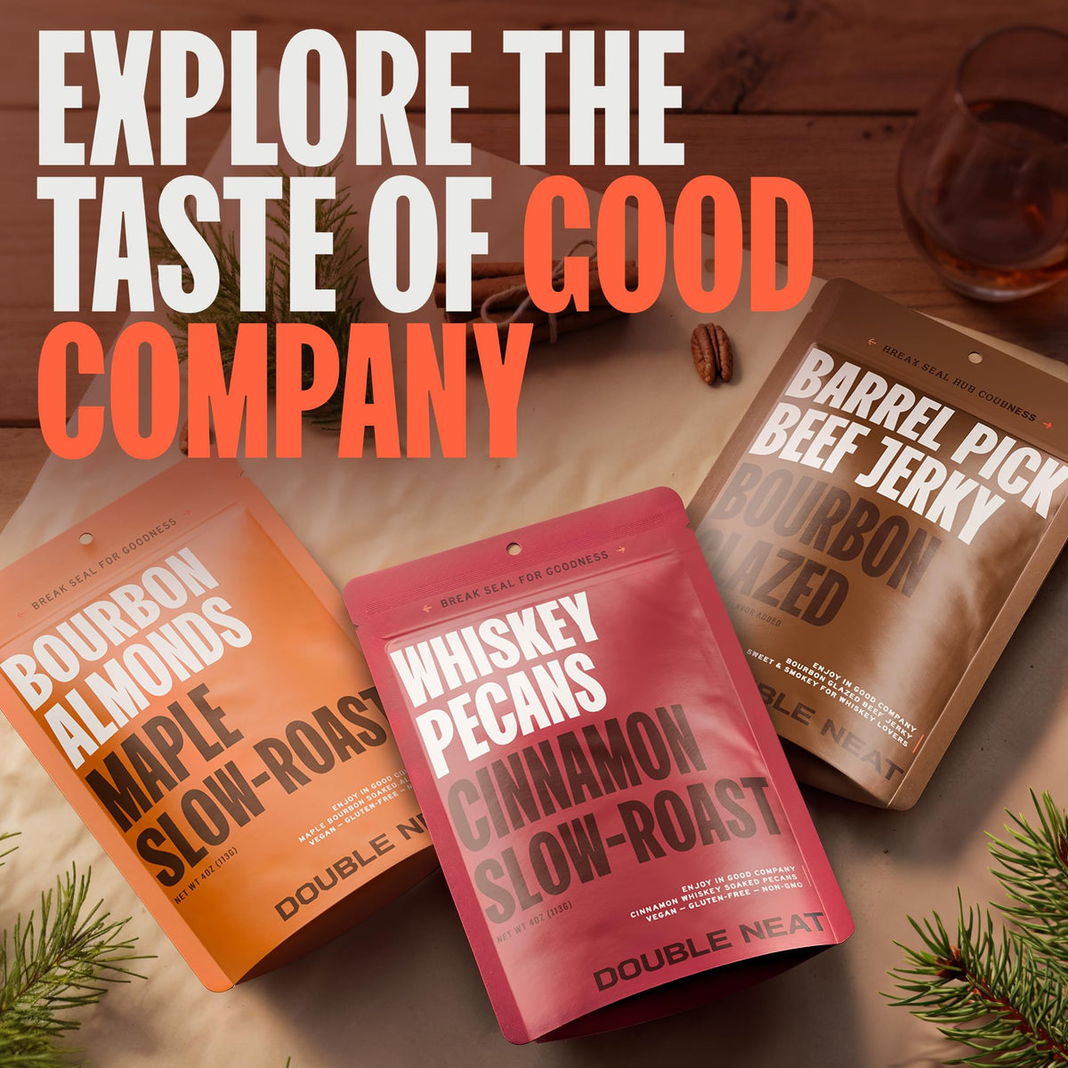 Double Neat Cinnamon Whiskey Pecans – Vegan & Gluten-Free Bourbon Snack Pack (3x4 oz)
