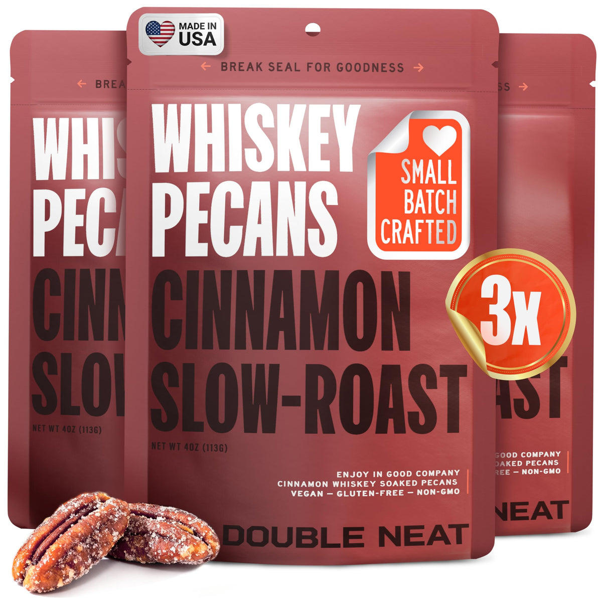 Double Neat Cinnamon Whiskey Pecans – Vegan & Gluten-Free Bourbon Snack Pack (3x4 oz)