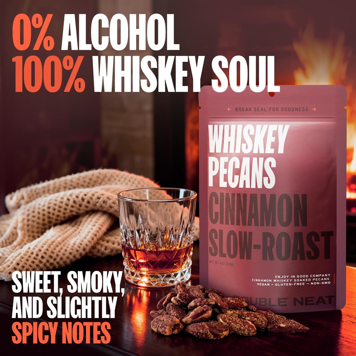 Double Neat Cinnamon Whiskey Pecans – Vegan & Gluten-Free Bourbon Snack Pack (3x4 oz)