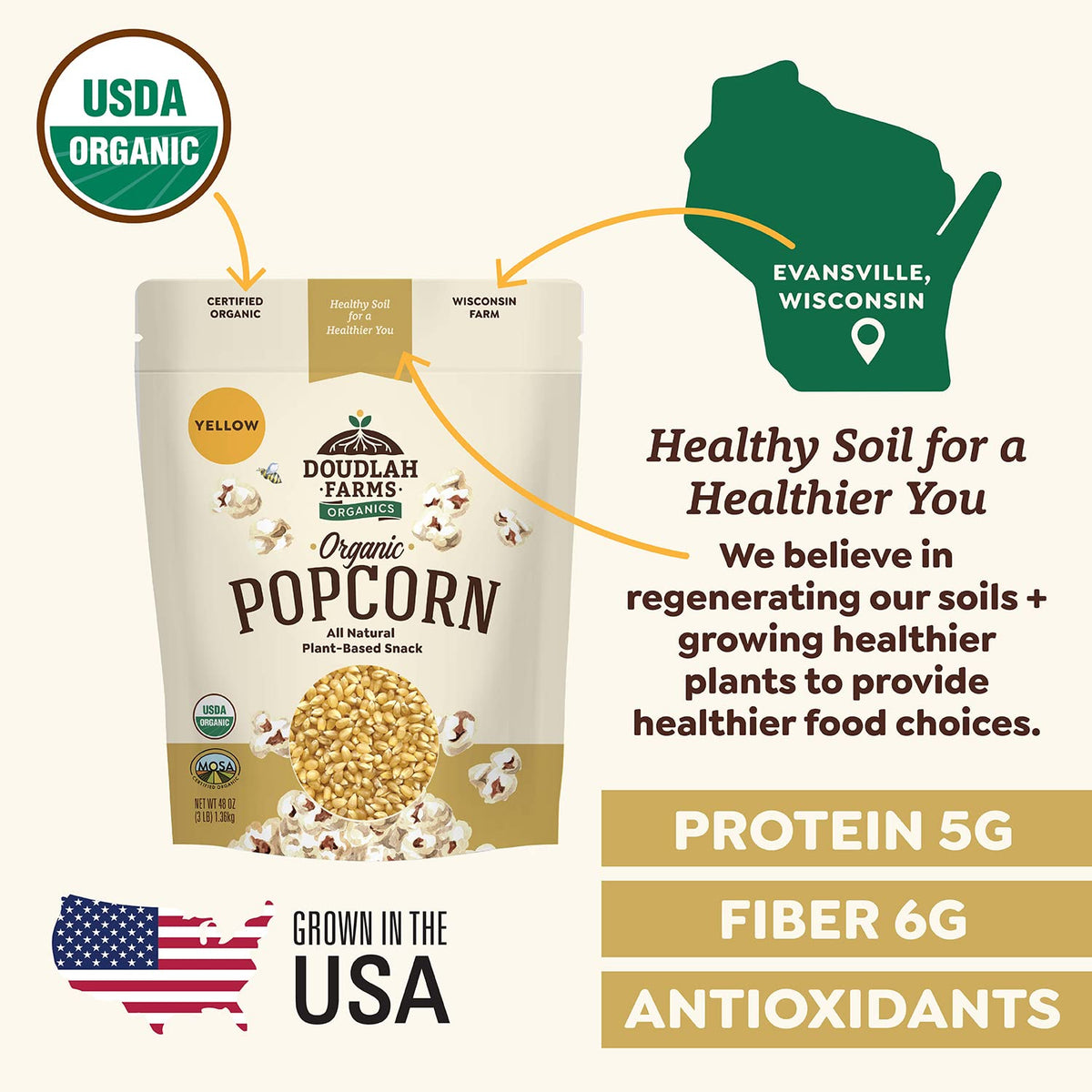 Organic Yellow Popcorn Kernels Unpopped - 3 lb, Non-GMO, Gluten-Free, Regenerative Wisconsin | Doudlah Farms