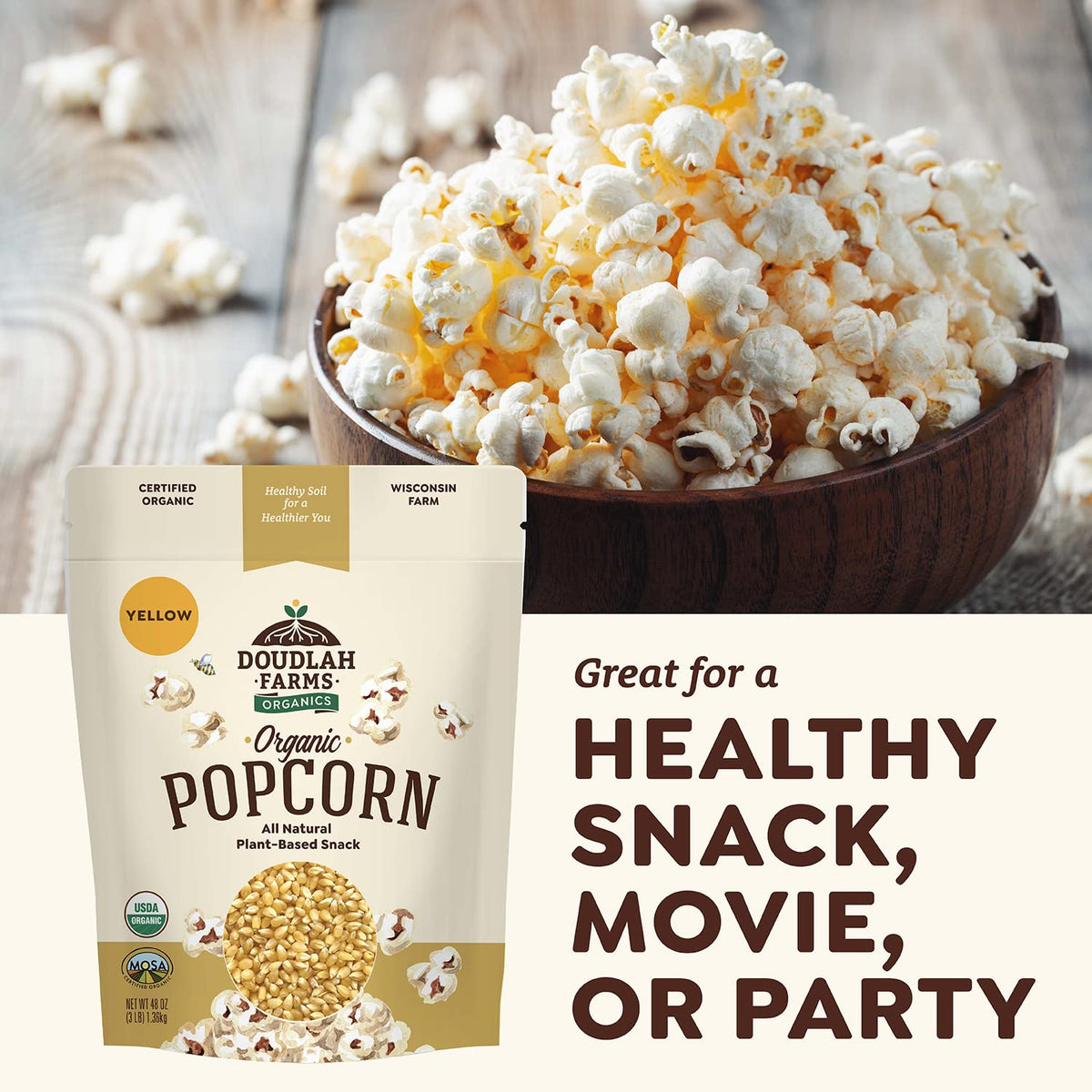 Organic Yellow Popcorn Kernels Unpopped - 3 lb, Non-GMO, Gluten-Free, Regenerative Wisconsin | Doudlah Farms