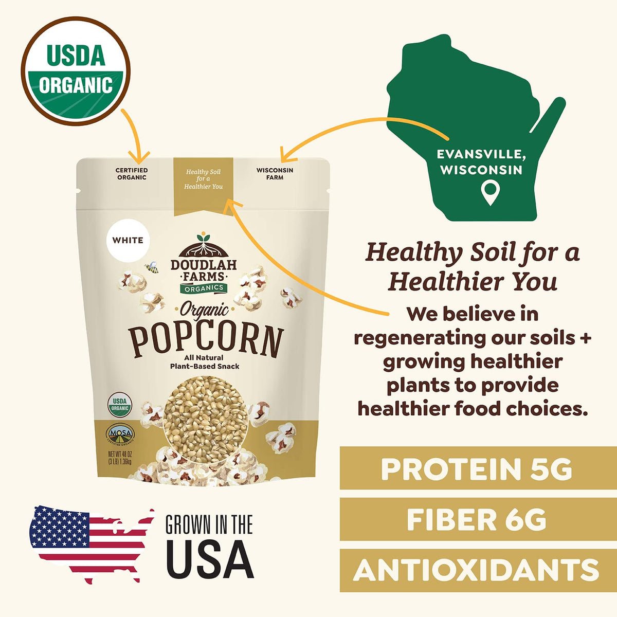 Doudlah Farms Organic White Popcorn Kernels (Unpopped) 3 lb – Non-GMO, Glyphosate-Free, Wisconsin-Grown