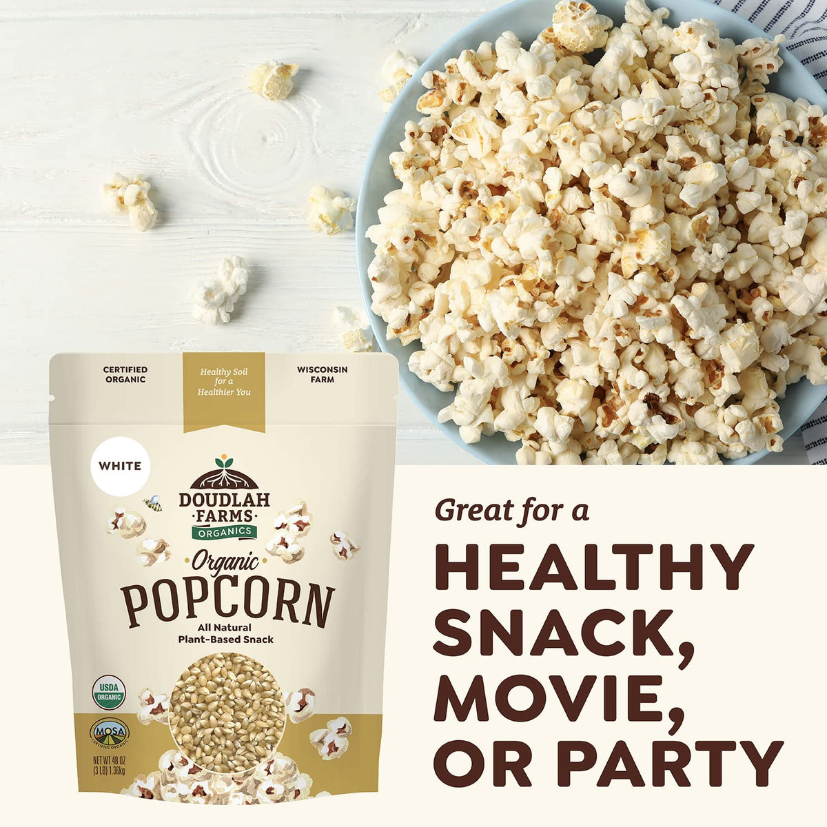 Doudlah Farms Organic White Popcorn Kernels (Unpopped) 3 lb – Non-GMO, Glyphosate-Free, Wisconsin-Grown