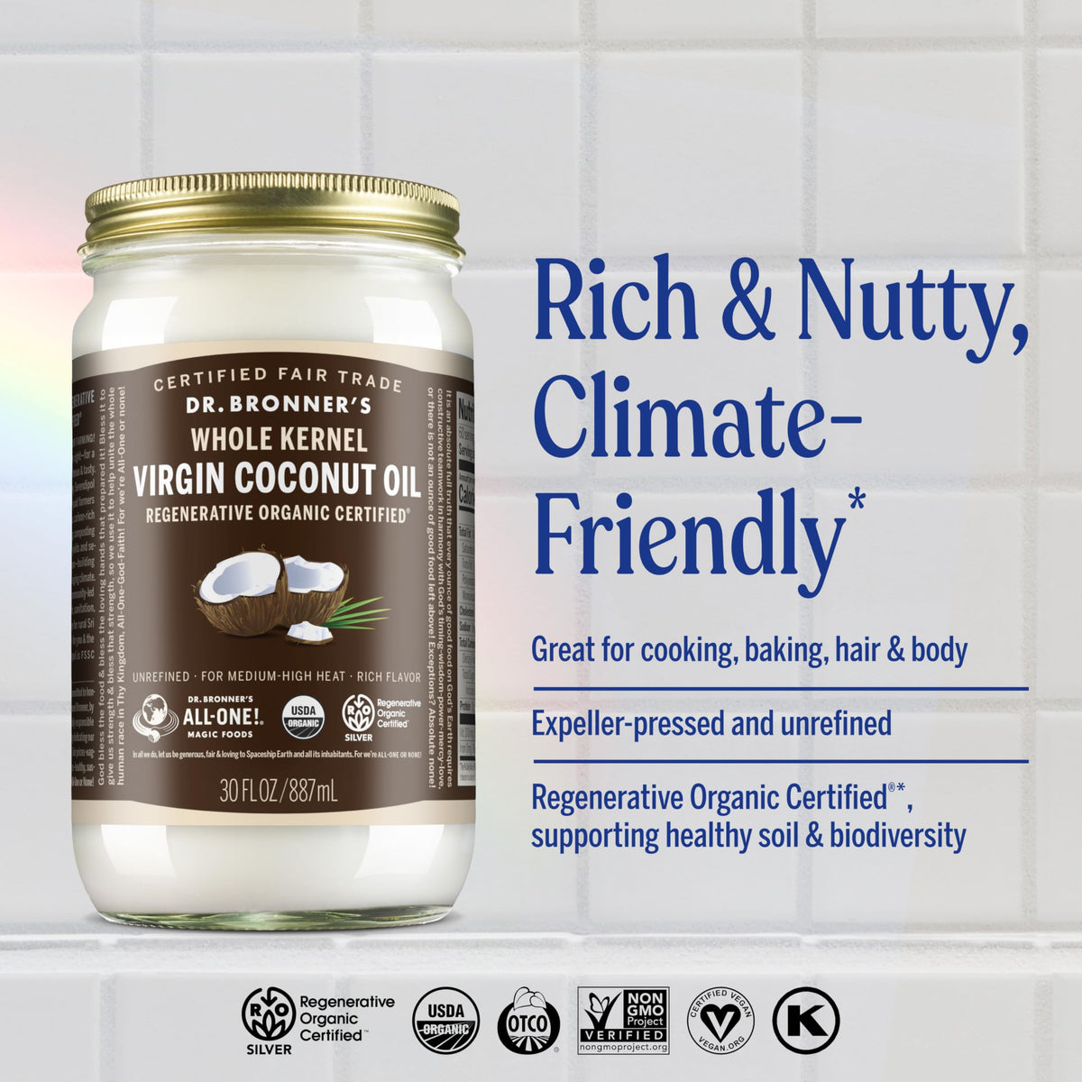 Dr. Bronner's Organic Virgin Coconut Oil – Whole Kernel, 30 oz | Versatile, Fresh-Pressed, Fair Trade