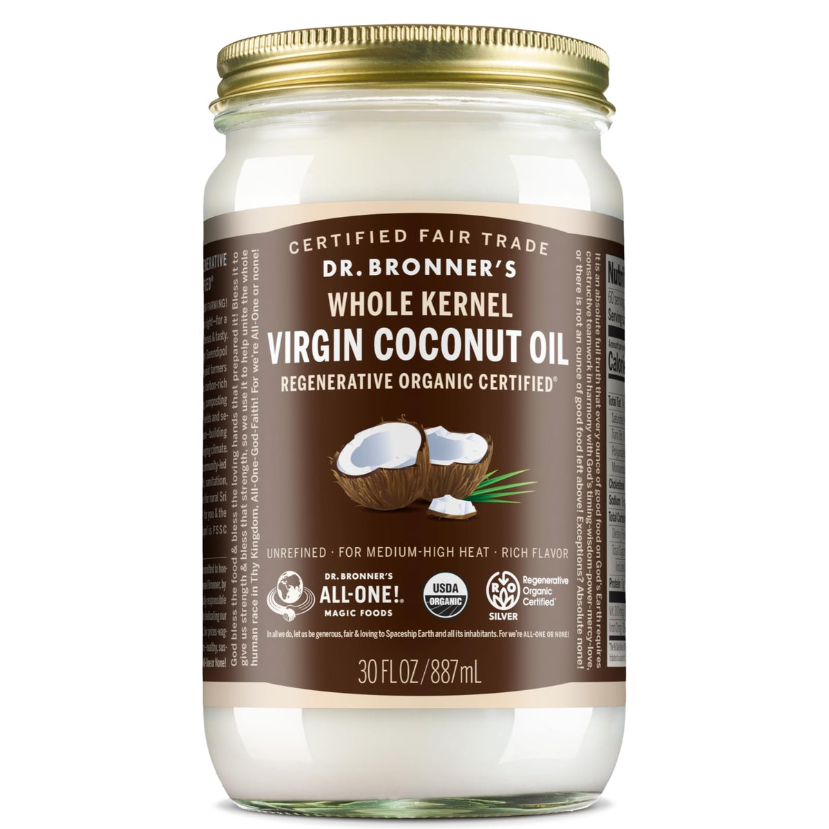 Dr. Bronner's Organic Virgin Coconut Oil – Whole Kernel, 30 oz | Versatile, Fresh-Pressed, Fair Trade