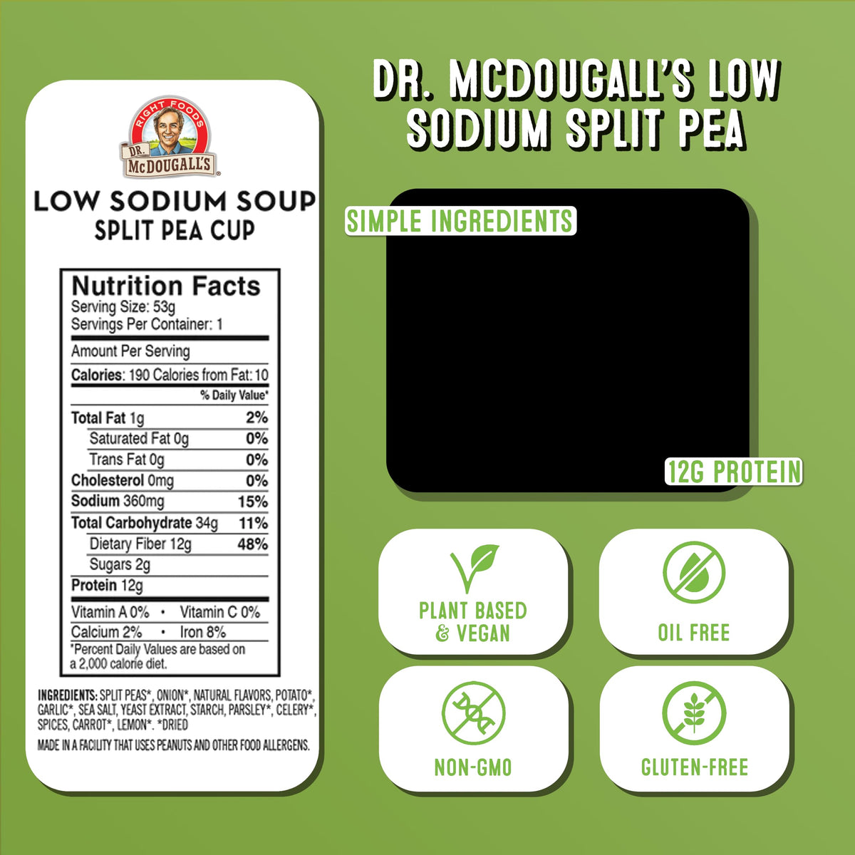 Dr. McDougall's Right Foods Vegan Split Pea Soup – Low Sodium 1.9 oz Cups (Pack of 6)