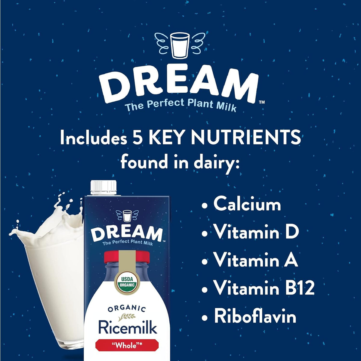 Dream Organic Whole Rice Milk | Dream Blends - Vegan, Lactose-Free, Shelf-Stable (32oz x6)