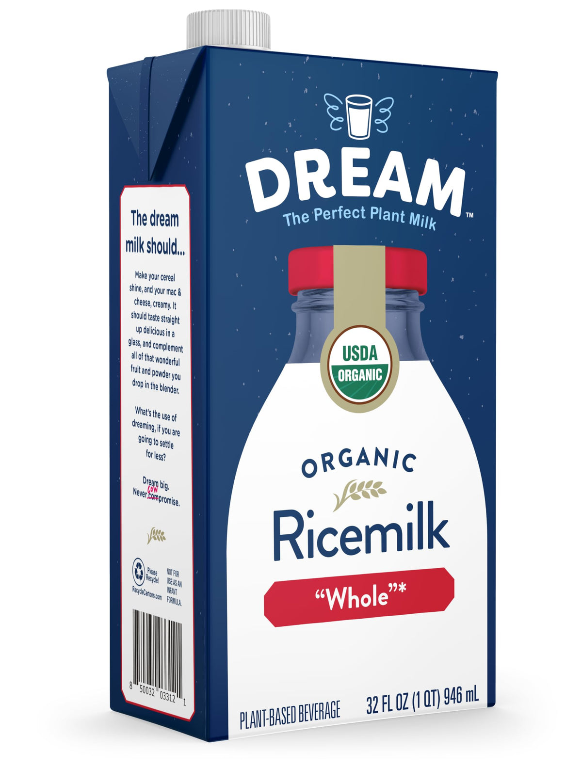 Dream Organic Whole Rice Milk | Dream Blends - Vegan, Lactose-Free, Shelf-Stable (32oz x6)
