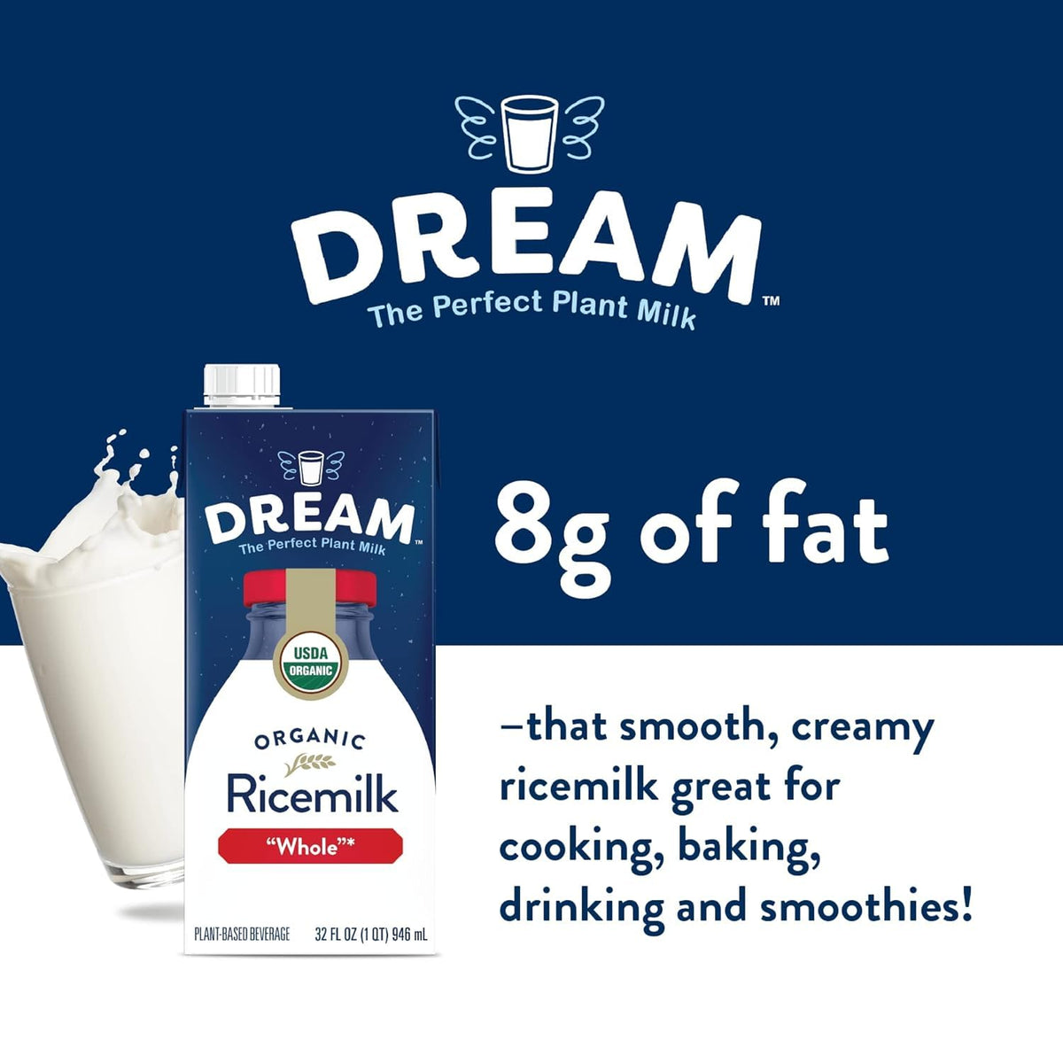 Dream Organic Whole Rice Milk | Dream Blends - Vegan, Lactose-Free, Shelf-Stable (32oz x6)