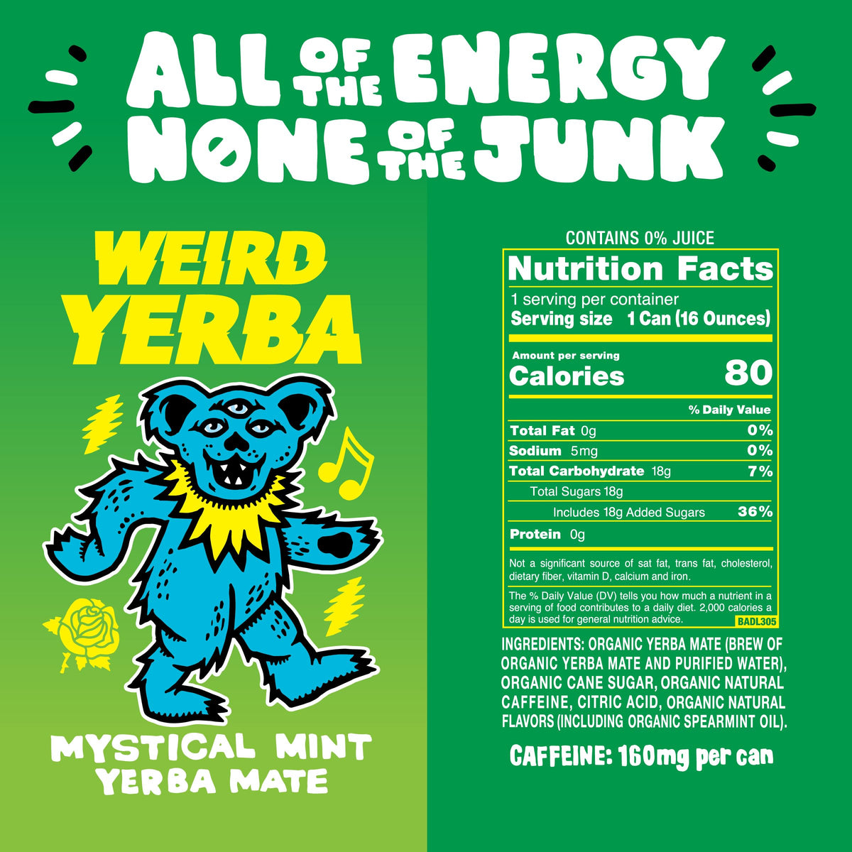 Drink Weird Organic Mystical Mint Yerba Mate – 16oz Cans, 12-Pack, Grateful Dead Collab, Clean Energy