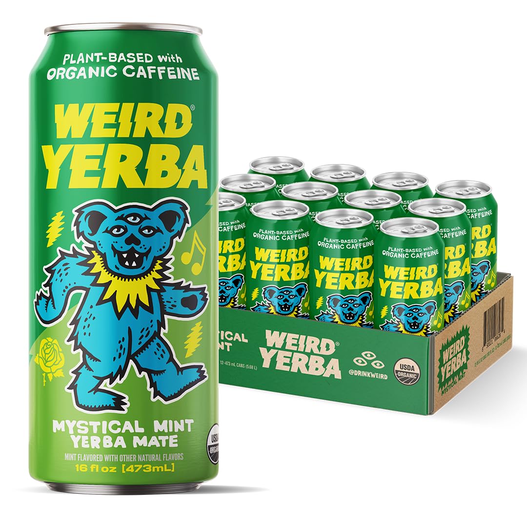 Drink Weird Organic Mystical Mint Yerba Mate – 16oz Cans, 12-Pack, Grateful Dead Collab, Clean Energy