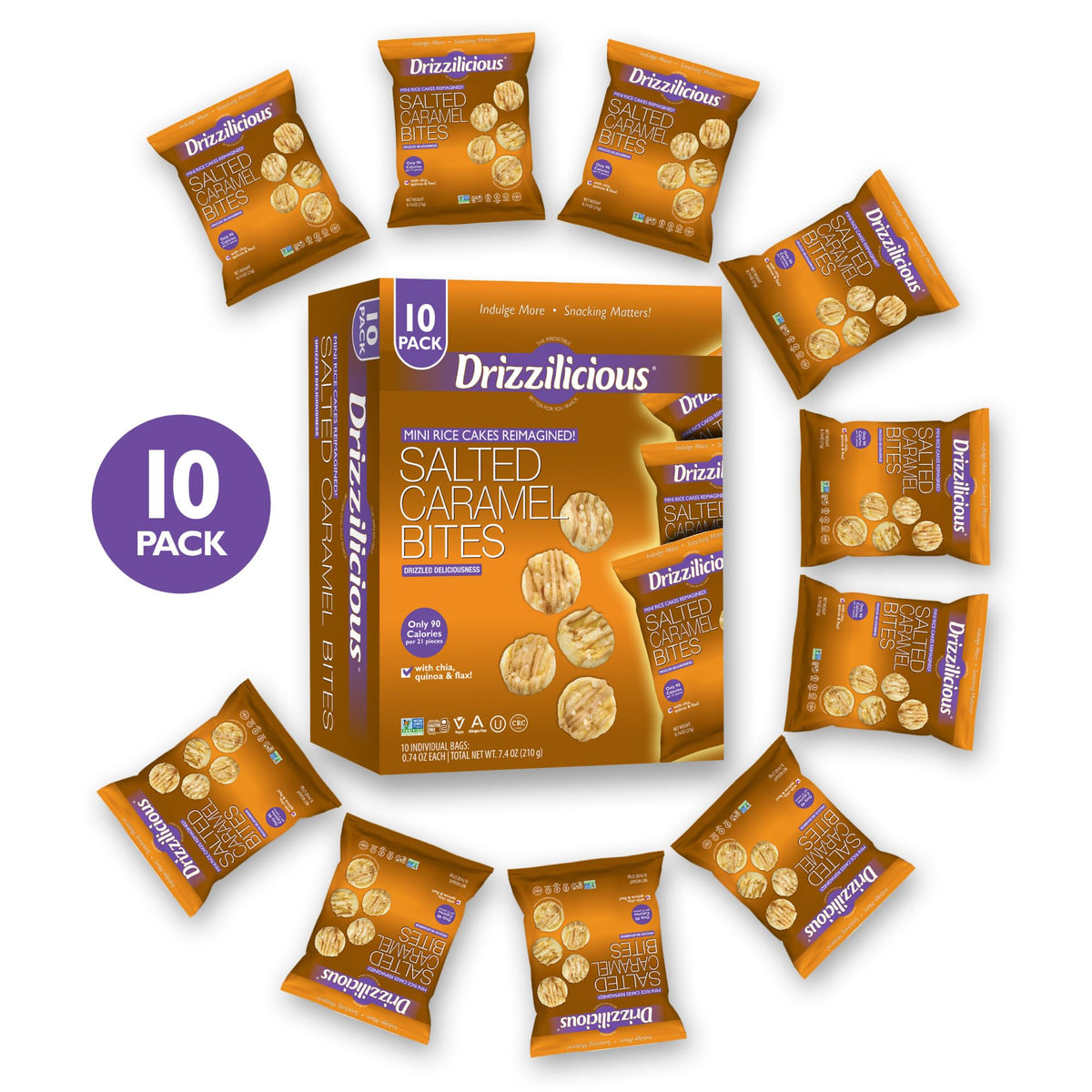 Drizzilicious Mini Flavored Rice Cakes Salted Caramel – 90 Cal Per Bag, Vegan & Gluten Free (Pack of 10)