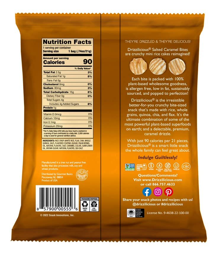 Drizzilicious Mini Flavored Rice Cakes Salted Caramel – 90 Cal Per Bag, Vegan & Gluten Free (Pack of 10)