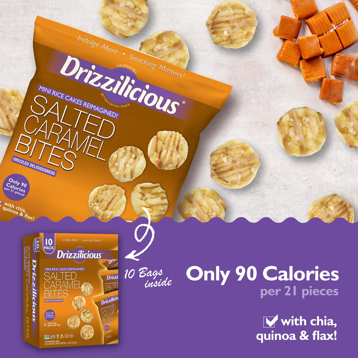 Drizzilicious Mini Flavored Rice Cakes Salted Caramel – 90 Cal Per Bag, Vegan & Gluten Free (Pack of 10)